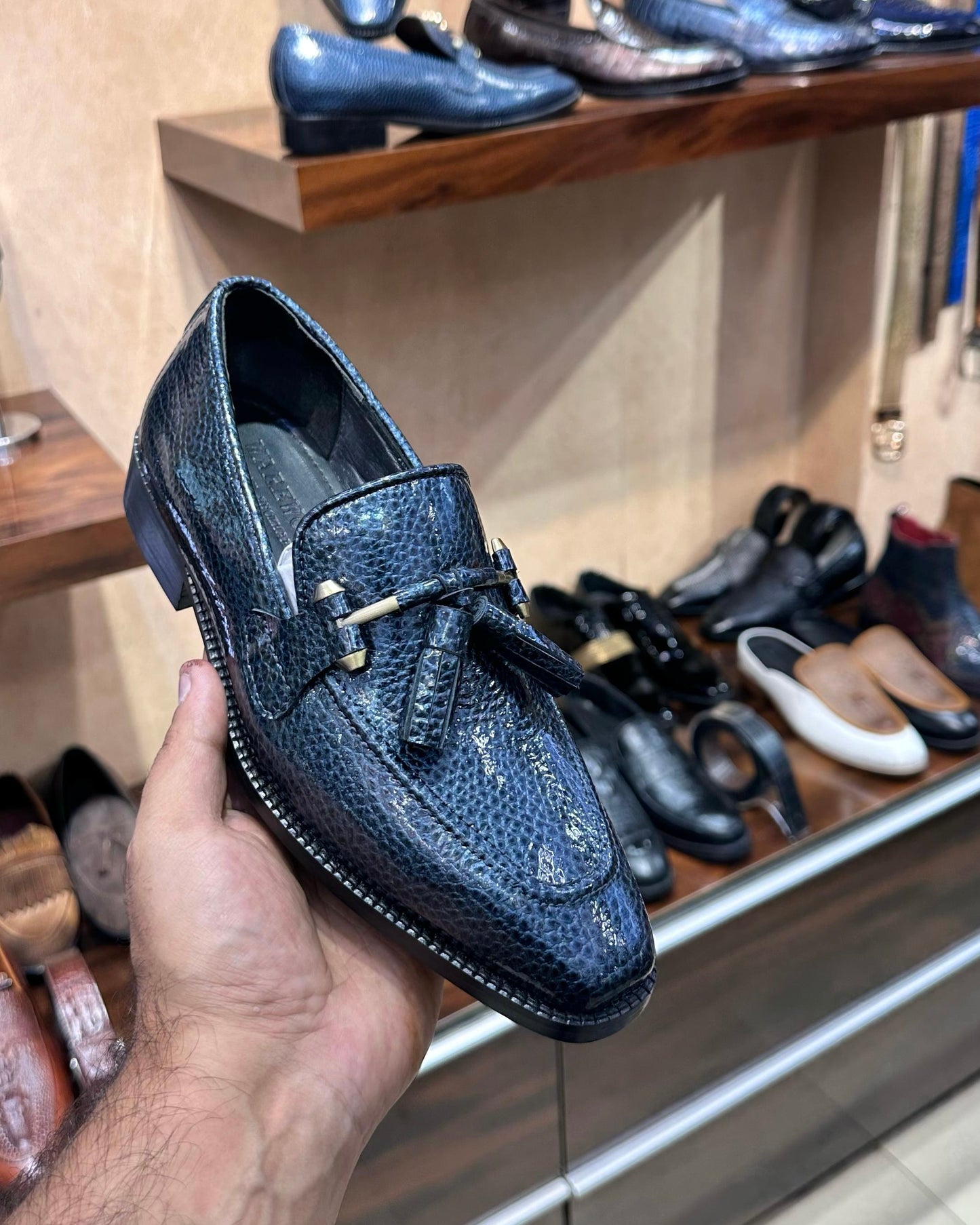 Aqua Blue Patent Stingray Scaled Tassel Loafers