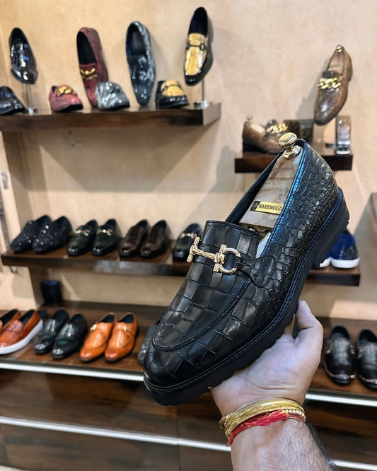 Classic Black Crocodile Scaled Boot Sole Moccasins