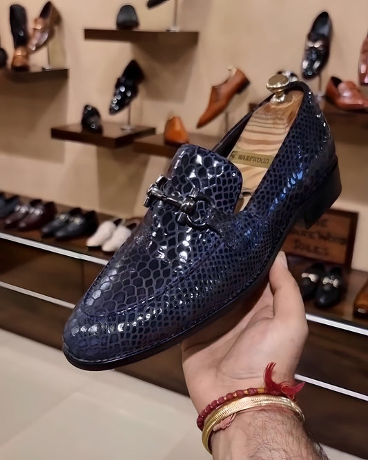 Navy Blue Snake Foil Moccasins