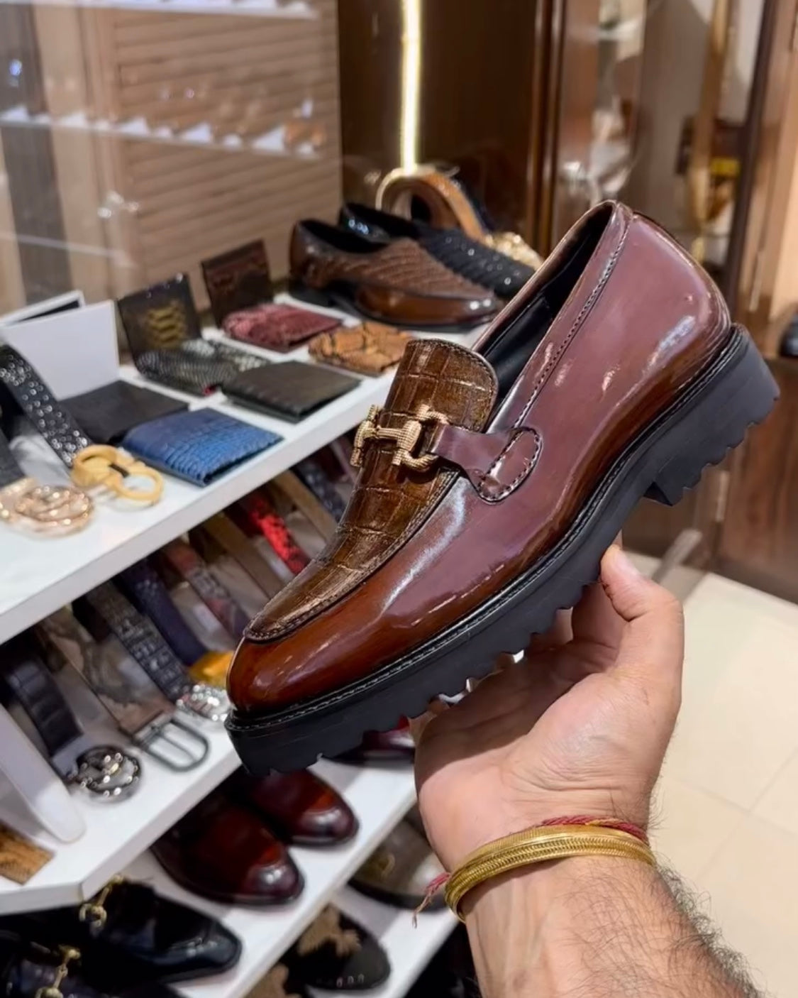 Walnut Brown Crocodile Scaled Boot Sole Moccasins