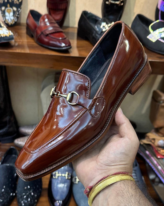 Rich Brown Mirror Gloss Horsebit Loafers with Wood Finish Sole