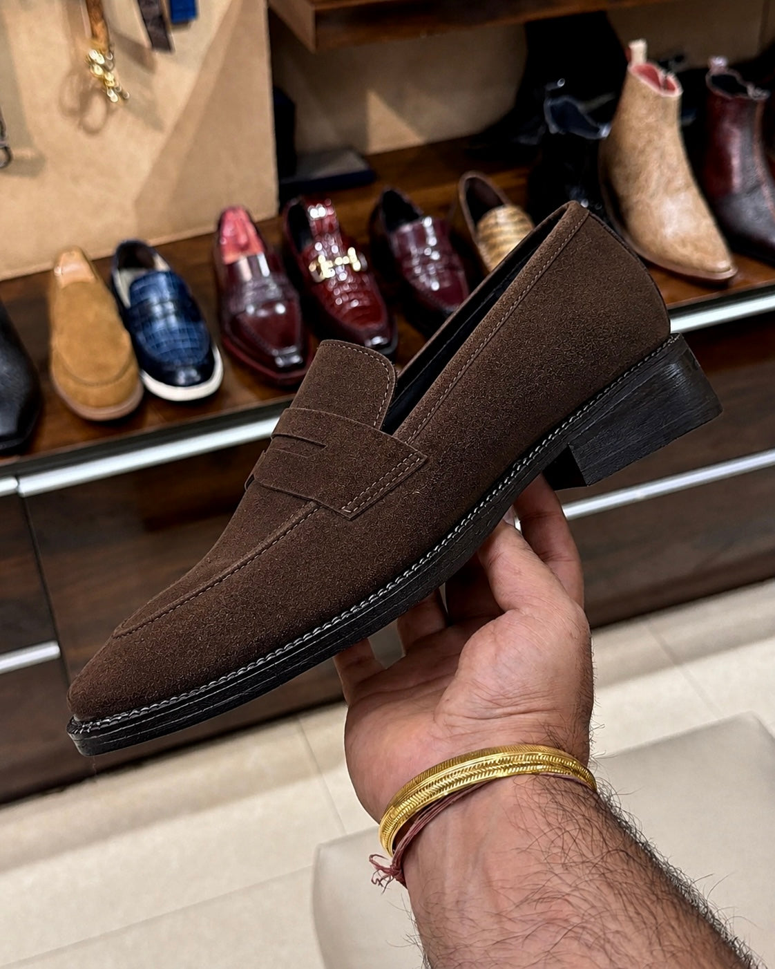 Dark Brown Suede Penny Loafers - Square Toe