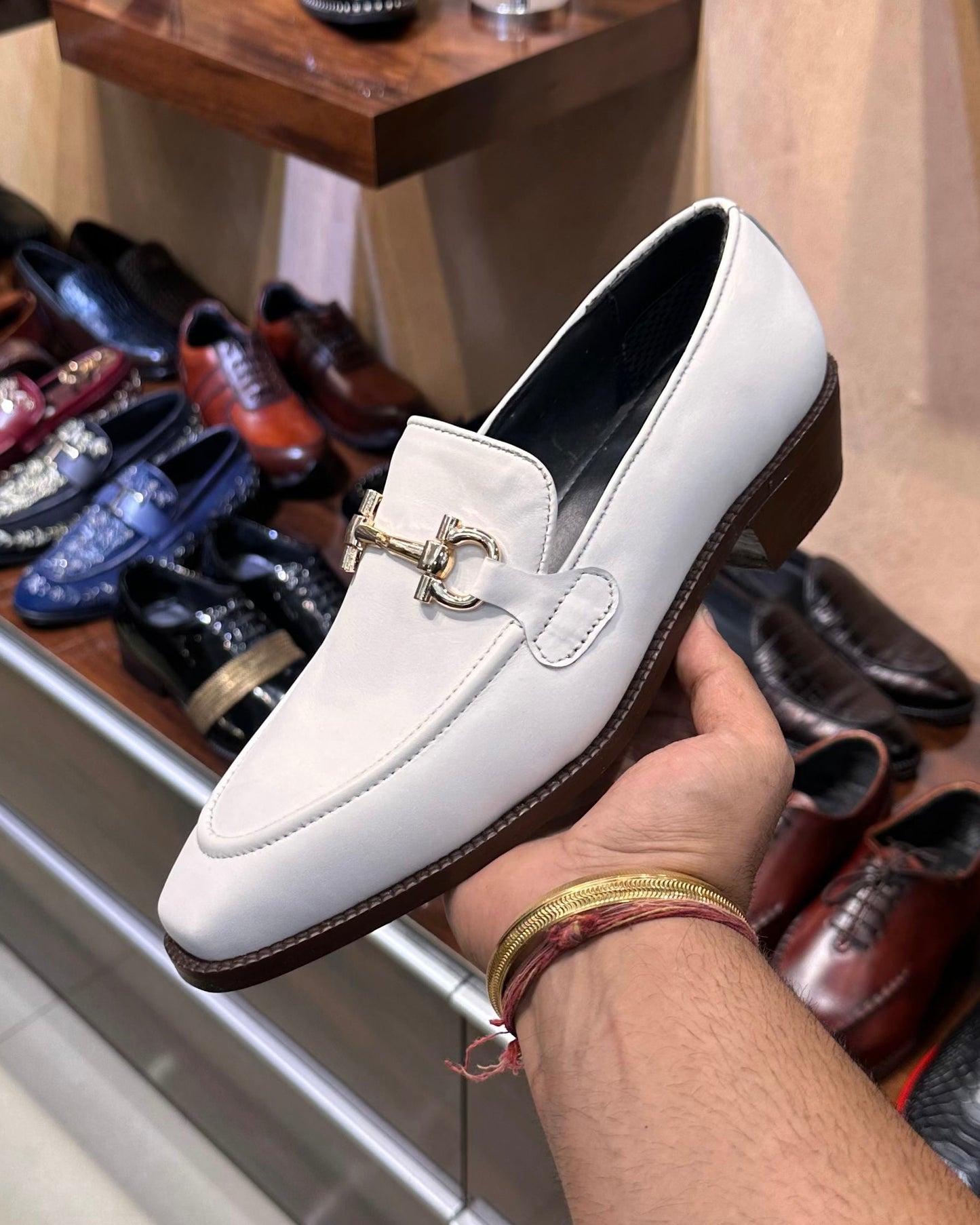 White Italian Leather Horsebit Loafers with Brown Cuban Heel