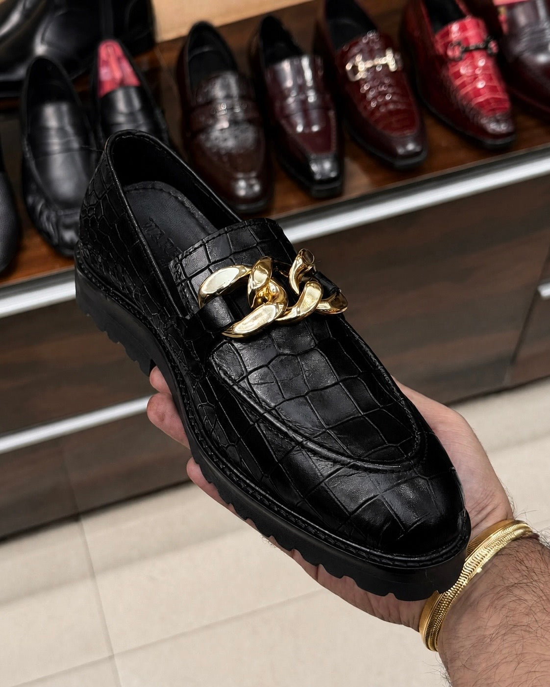 Black Crocodile Chunky Loafers With Gold Chain
