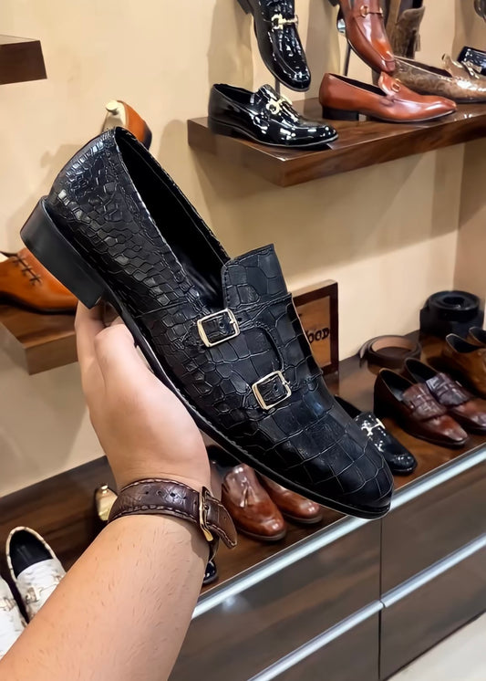 Black Crocodile Scaled Double Monk Loafers