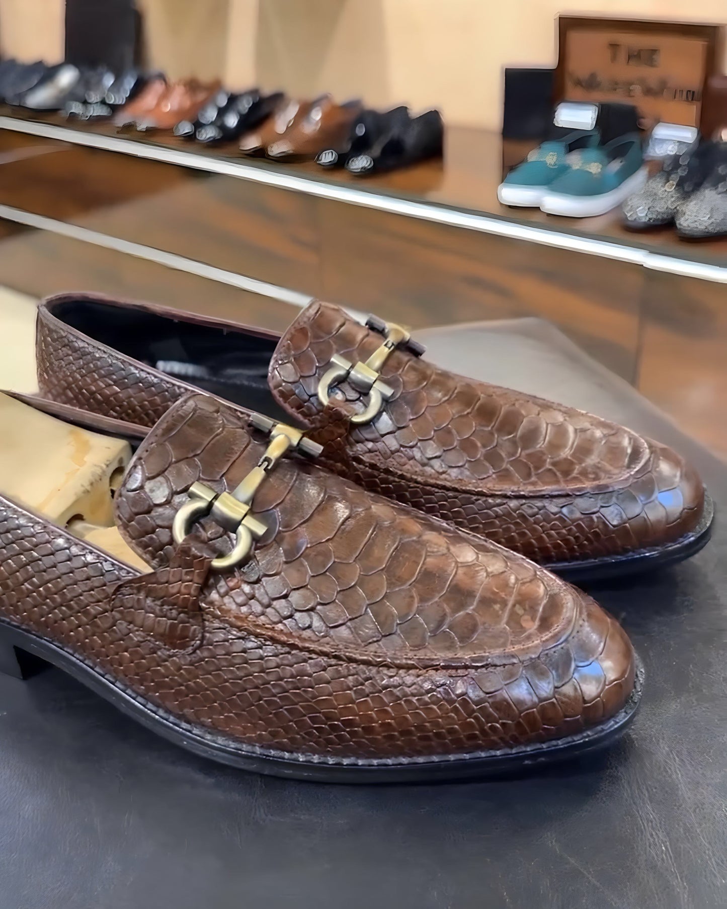 Brown Patina Cobra Scaled Leather Moccasins