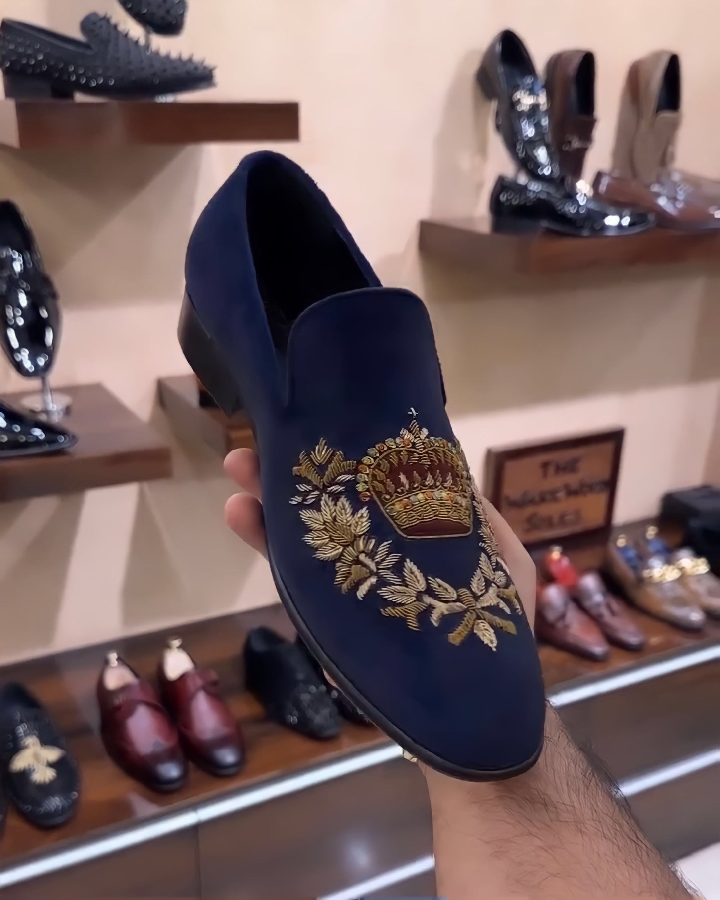 Navy Suede Crown Embroidery Slip-ons