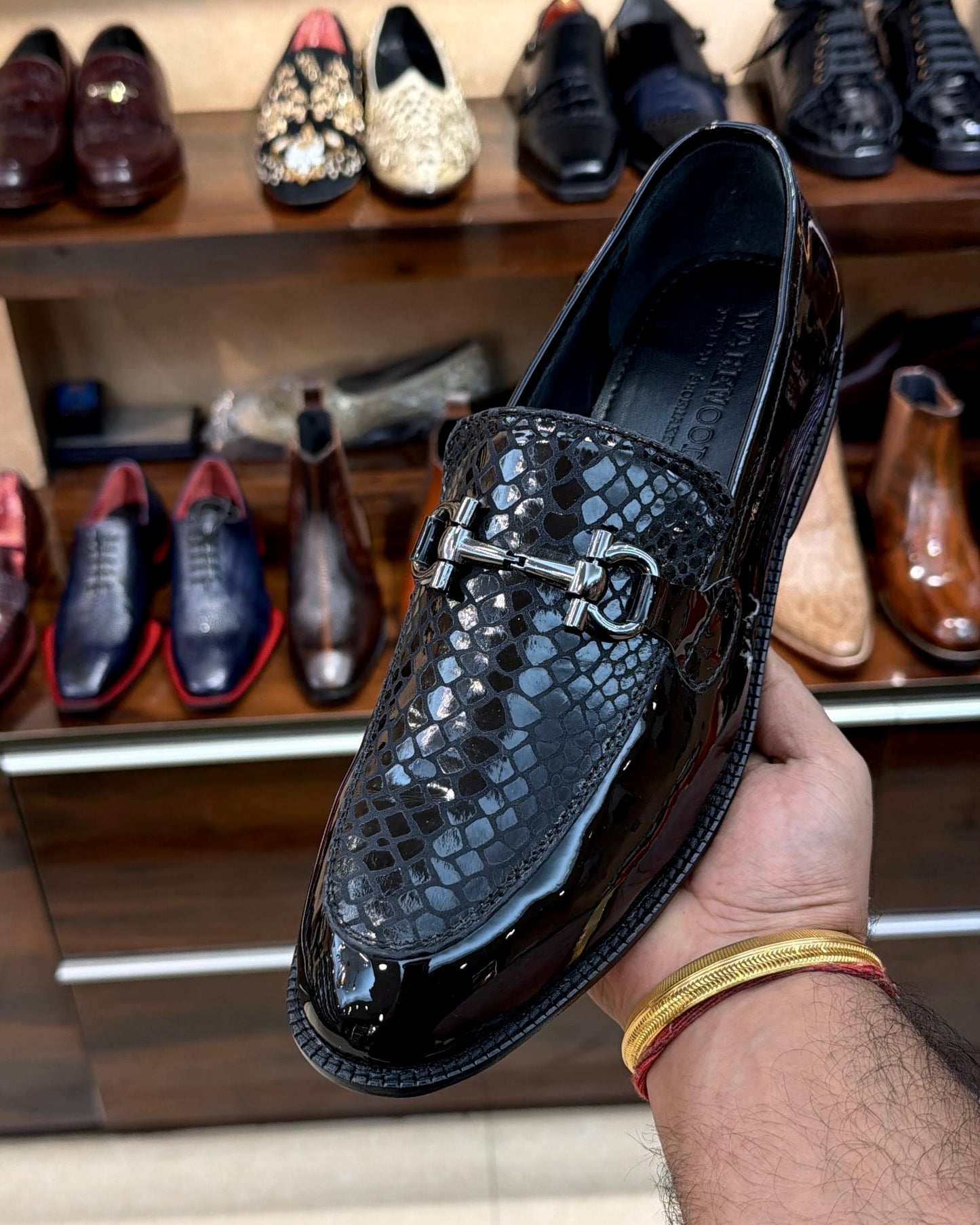 Black Patent & Snake Foil Leather Horsebit Loafers with Red Bottoms