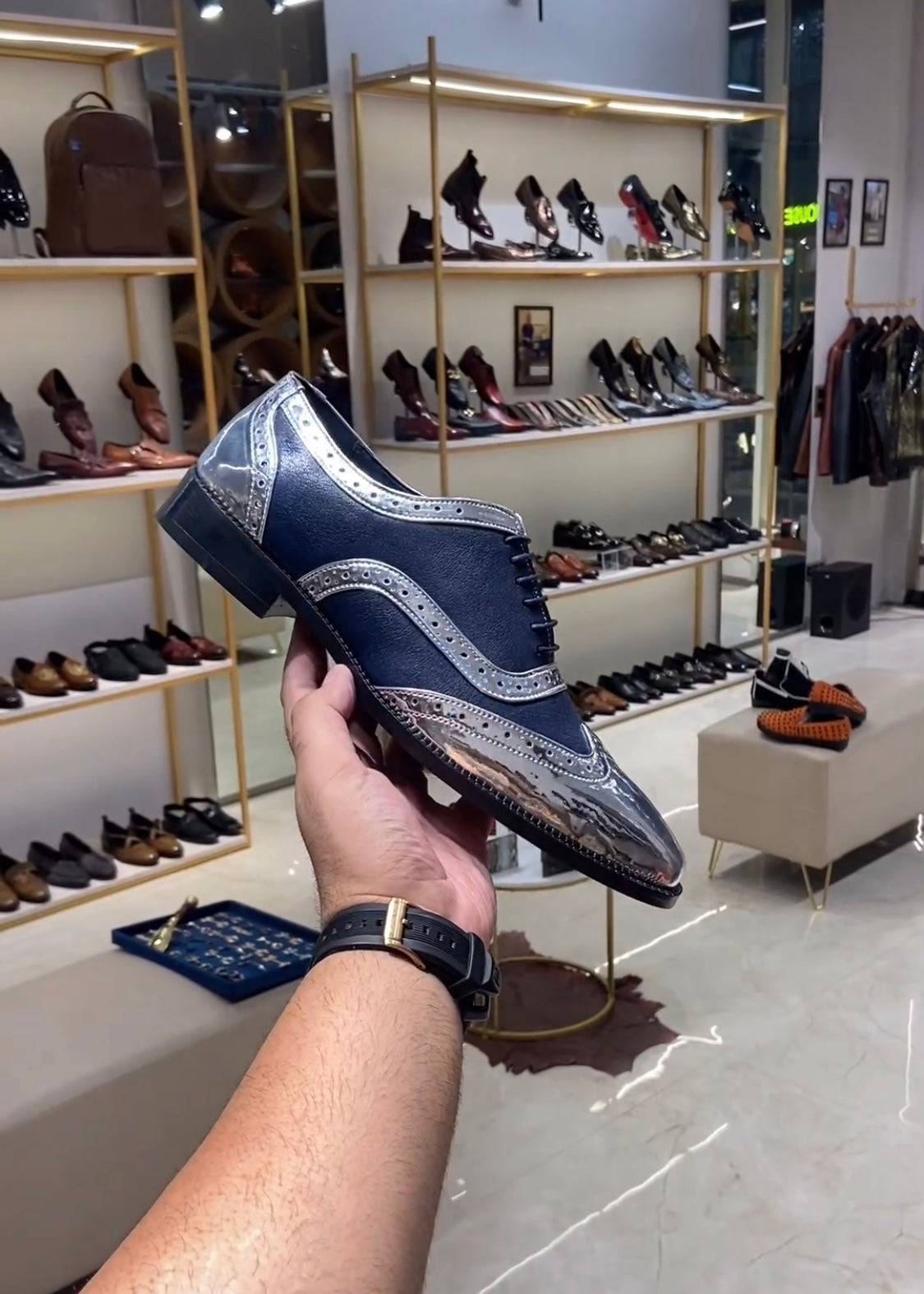 Silver Patent Semi-brogue Wingtip Spectator Oxfords