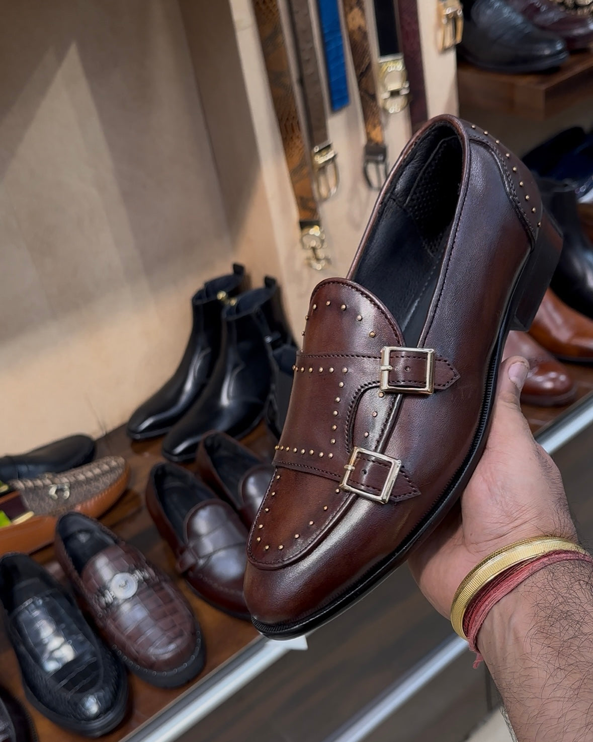 Brown Patina Double Monk Strap Loafers