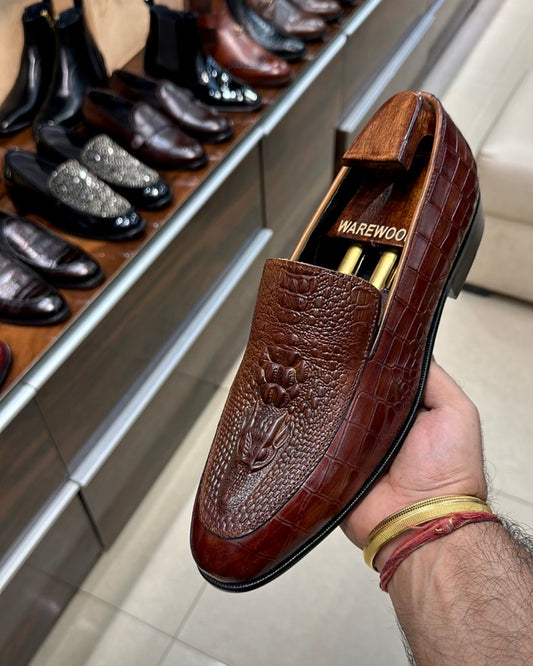 Limited Edition Dark Tan Crocodile Scaled Moccasins