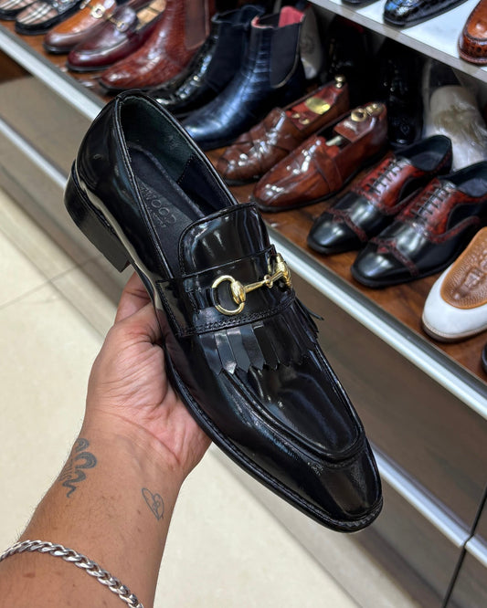 Black Smooth Calf Leather Fringe Horsebit Loafers