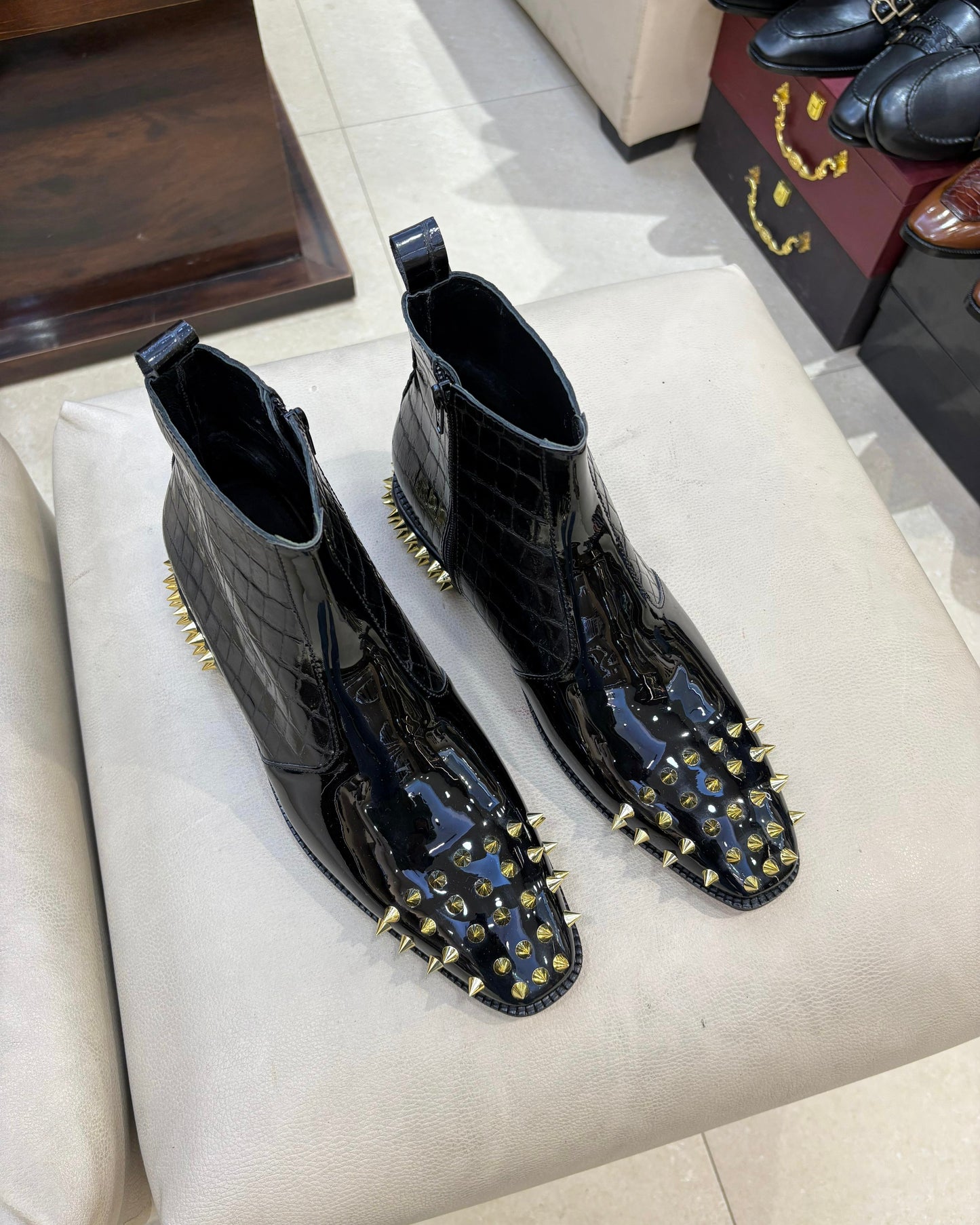 Luxe Edition Patent Croc Gold Studded Zipper Boots