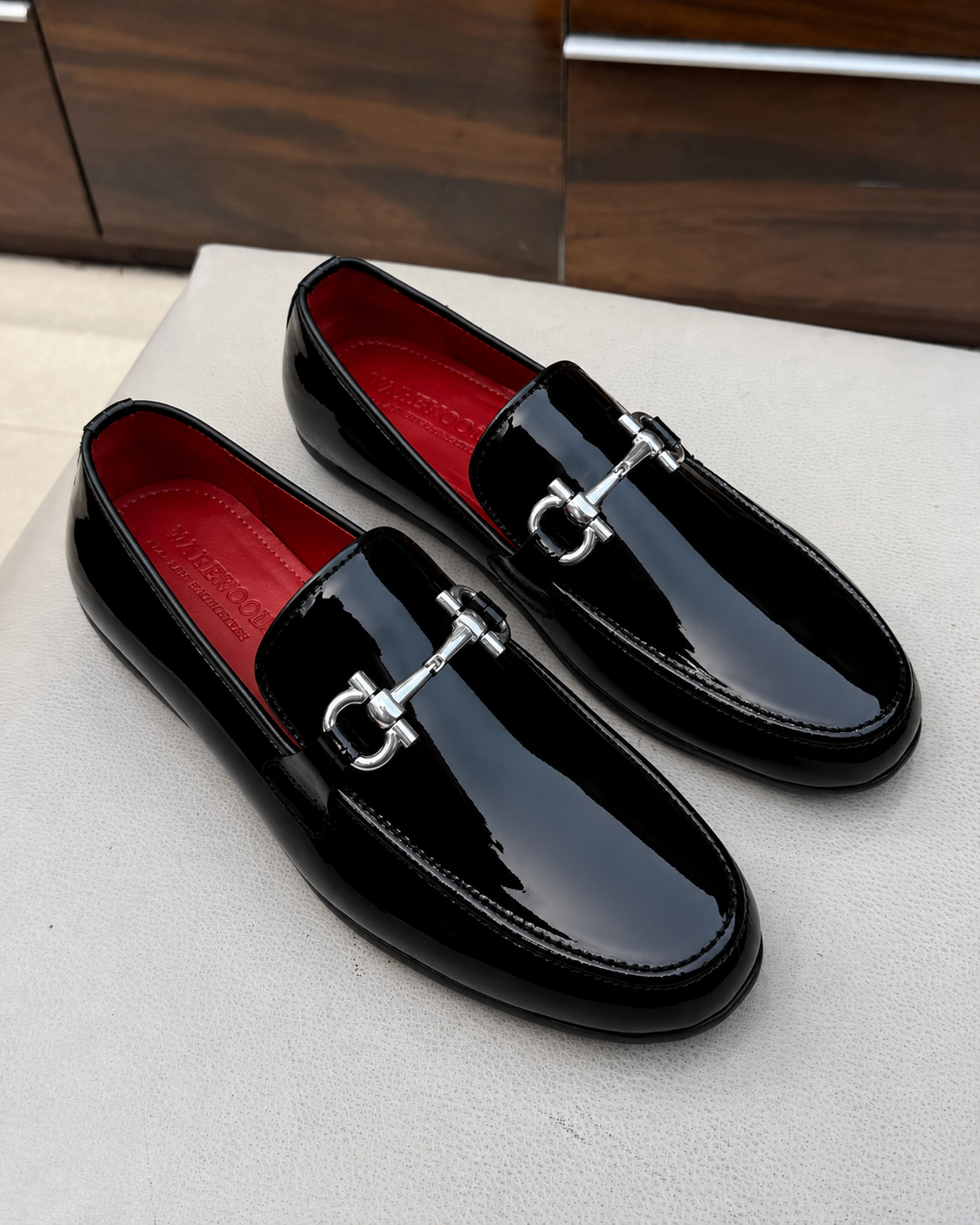 Black Patent Leather Horsebit Driving Loafers