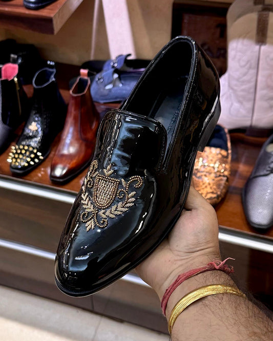 Black Patent Leather Hand-embroidered Loafers