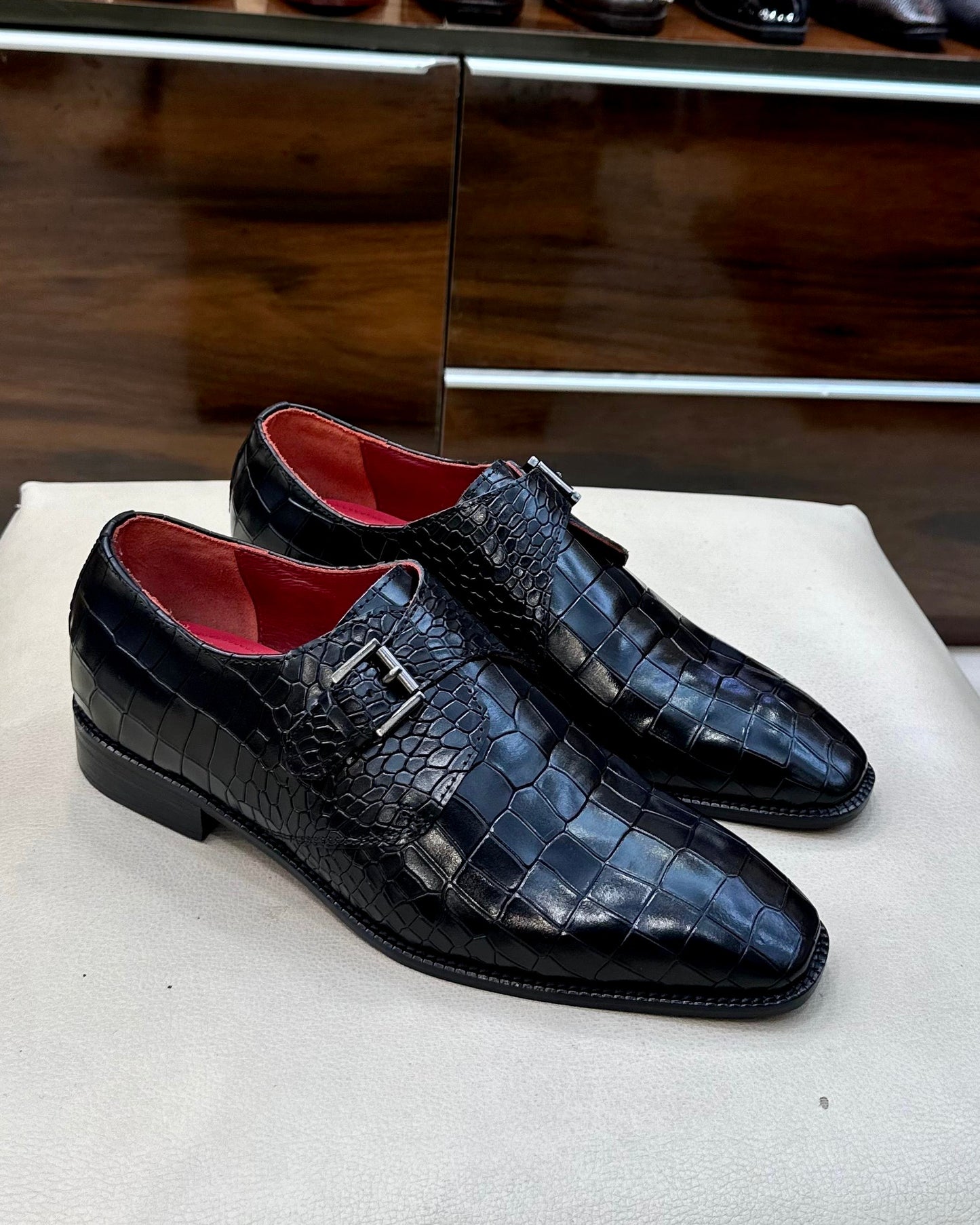 Black Crocodile Scaled Single Monks with Red Interior and Red Bottoms