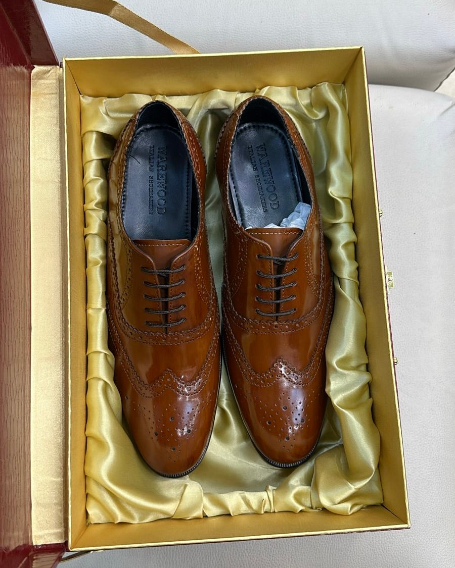 Tan Brown Wingtip Oxfords in Smooth Calf Leather
