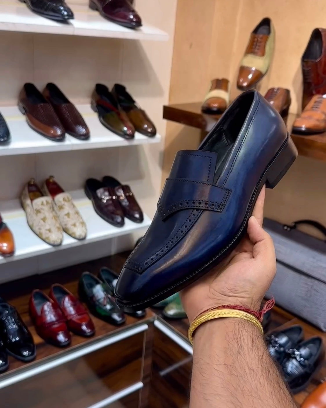 Dark Blue Patina Italian Crust Leather Moccasins