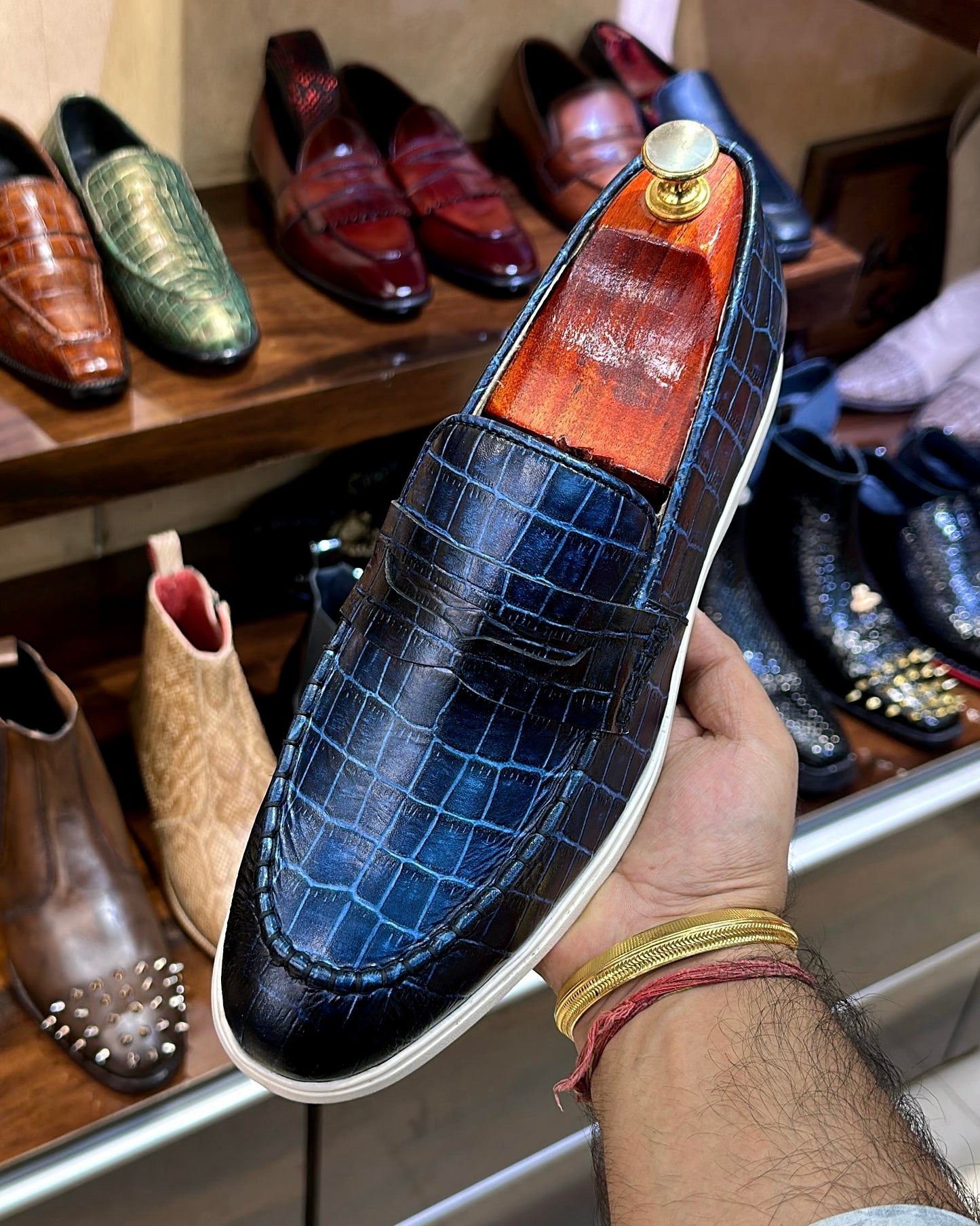 Midnight Blue Crocodile Scaled Yacht Loafers