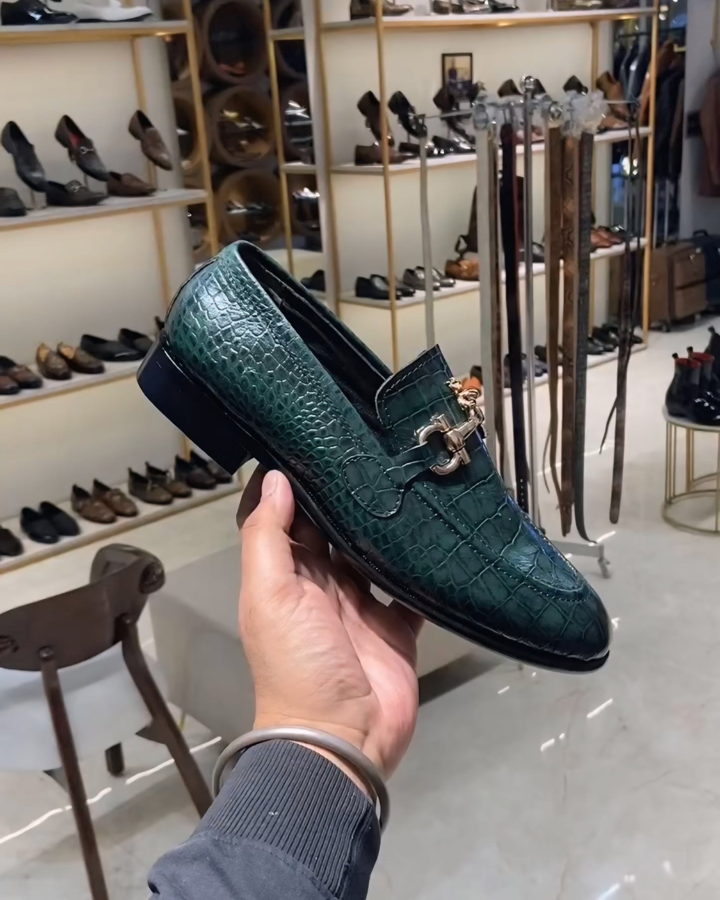 Green Crocodile Scaled Moccasins with Bee