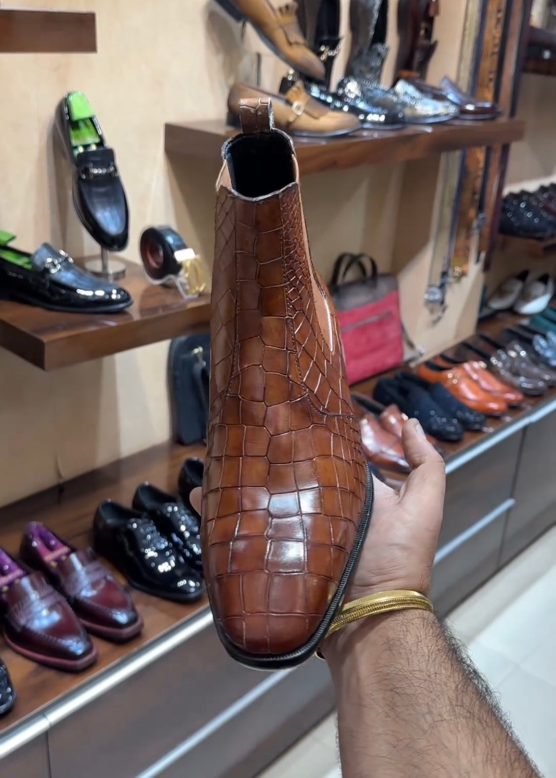 Tan Patina Croc Scaled Chelsea Boots