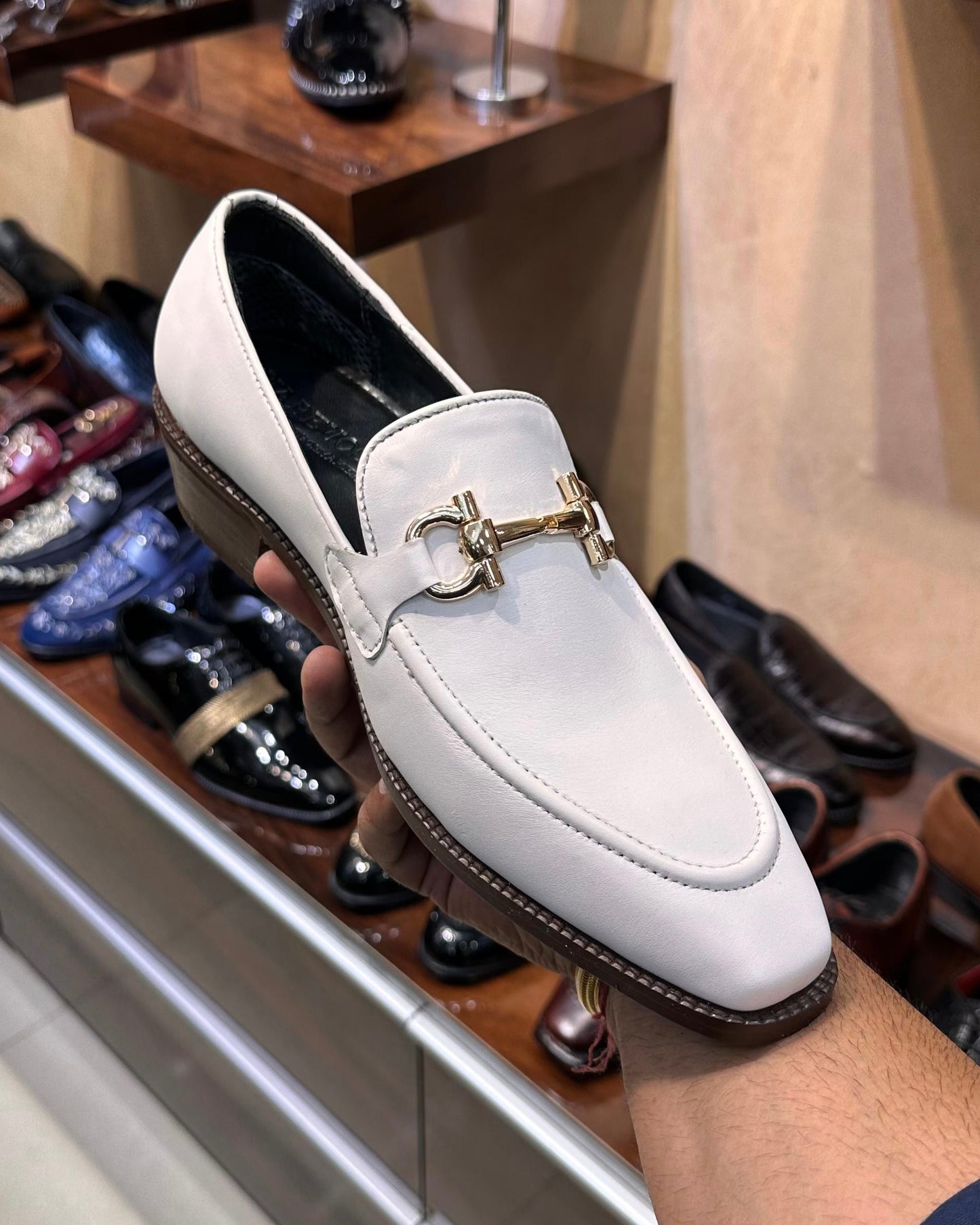 White Italian Leather Horsebit Loafers with Brown Cuban Heel