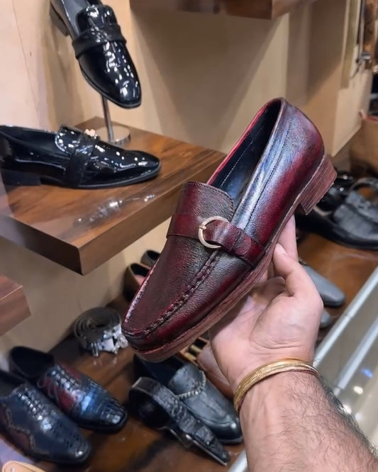 Wine Natural Grain Leather Single Monk Loafers with Leather Sole