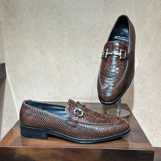 Burnished Brown Cobra Scaled Moccasins with Antique Metal Buckle