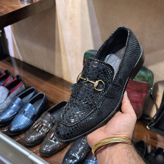 Black Snake Foil Fringes Loafers