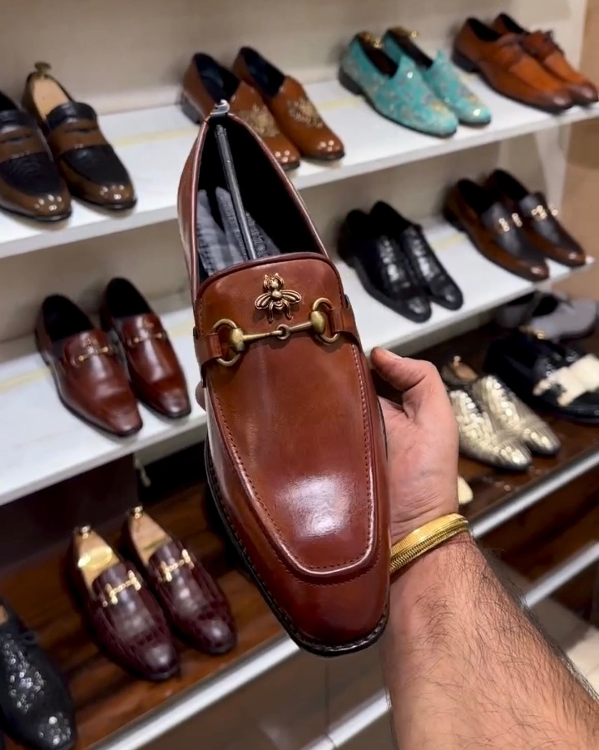 Cognac Tan Horsebit Loafers with Bee
