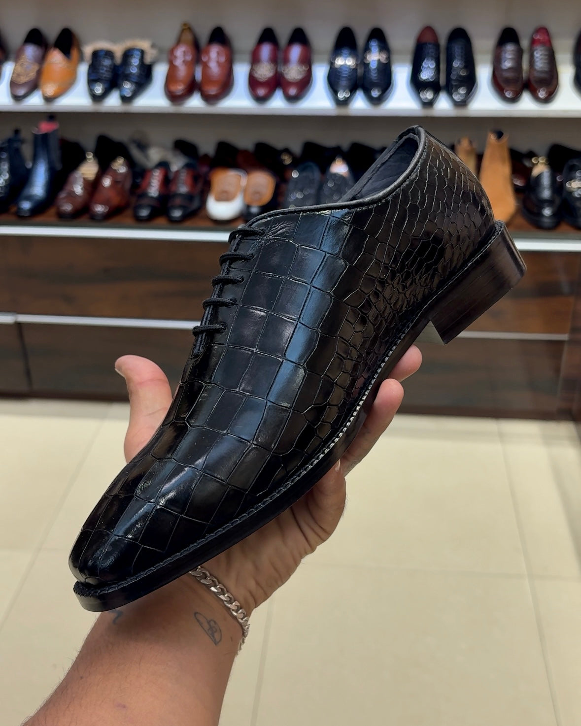 Black Crocodile Scaled Whole-cut Oxfords