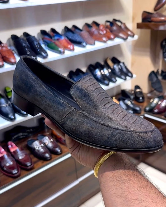 Blue-grey Suede Ostrich Leg Scaled Moccasins