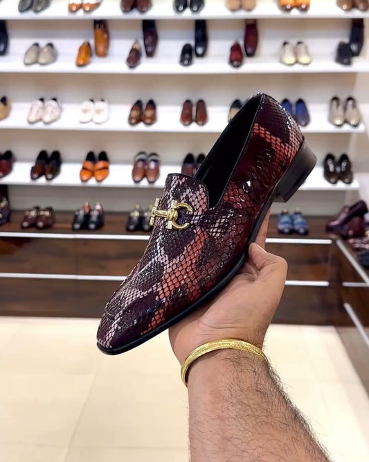 Exotic Mirror Gloss Snake Moccasins with Gold Buckle