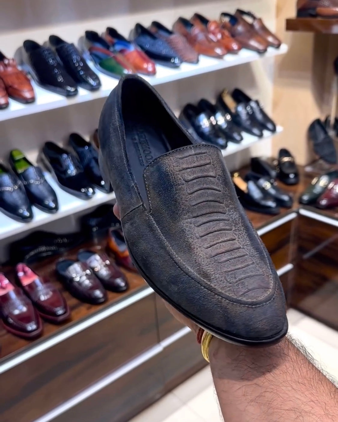 Blue-grey Suede Ostrich Leg Scaled Moccasins