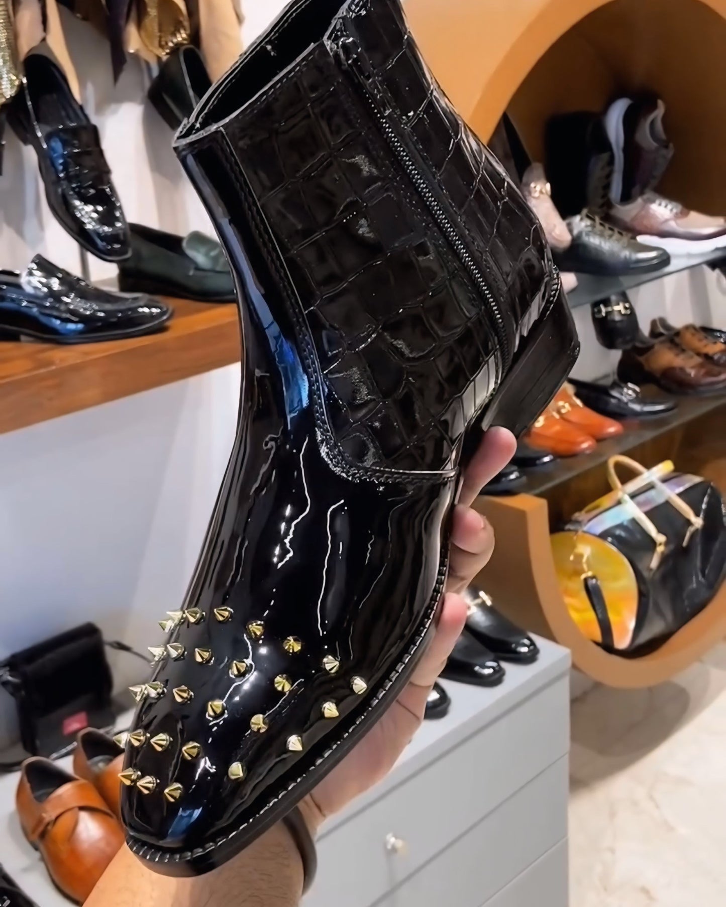 Luxe Edition Patent Croco Studded Toe Zipper Boots