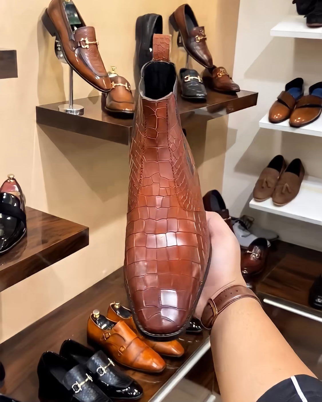 Tan Crocodile Scaled Chelsea Boots