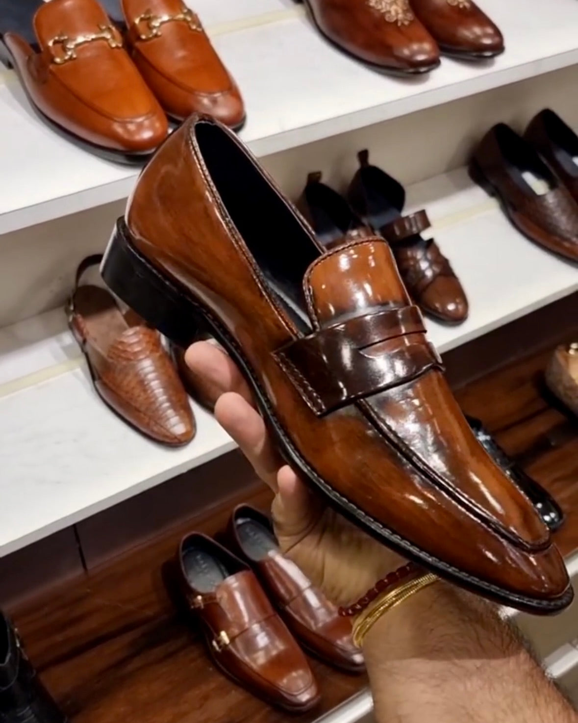 Mirror Gloss Burnished Tan Penny Loafers