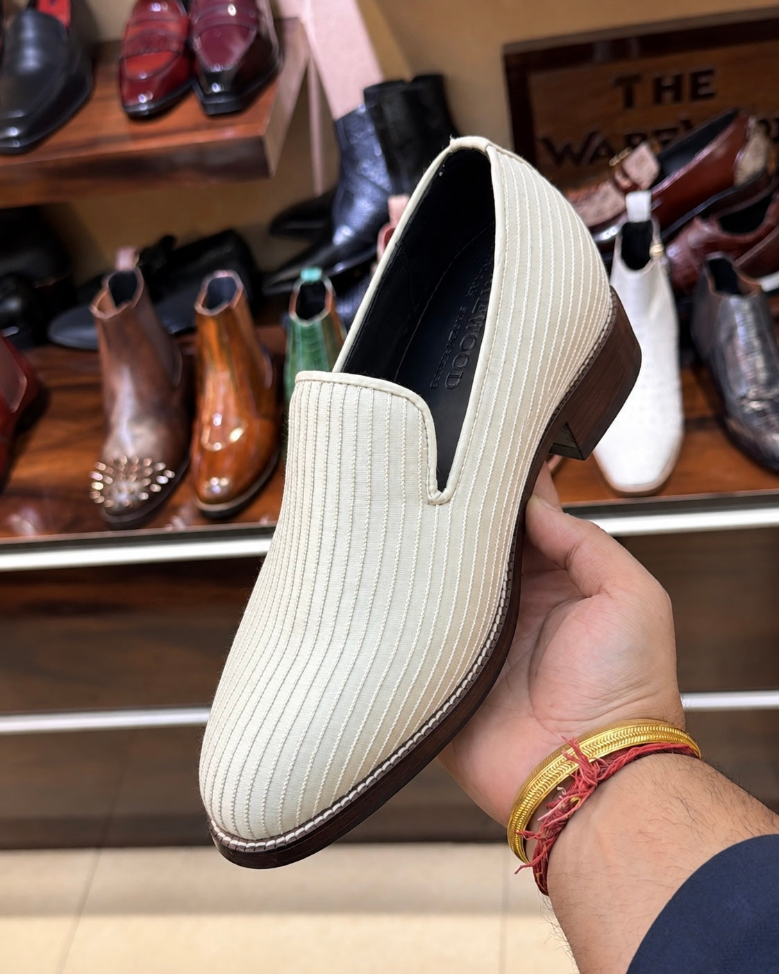 Cream Raw Silk Thread Design Loafers with Brown Sole