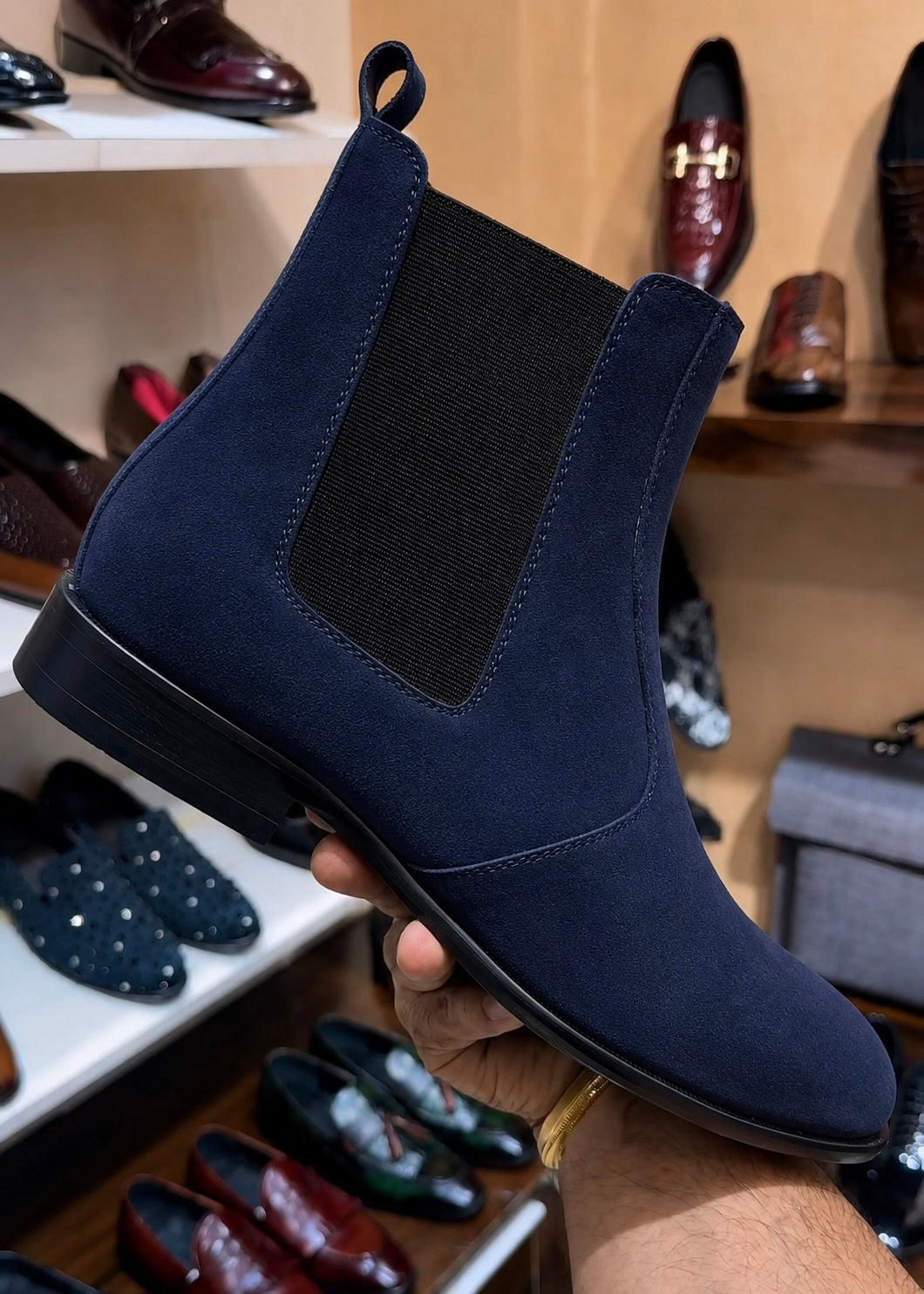 Navy Blue Suede Chelsea Boots