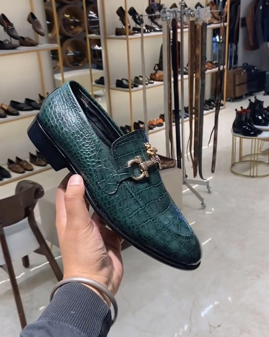 Green Crocodile Scaled Moccasins with Bee