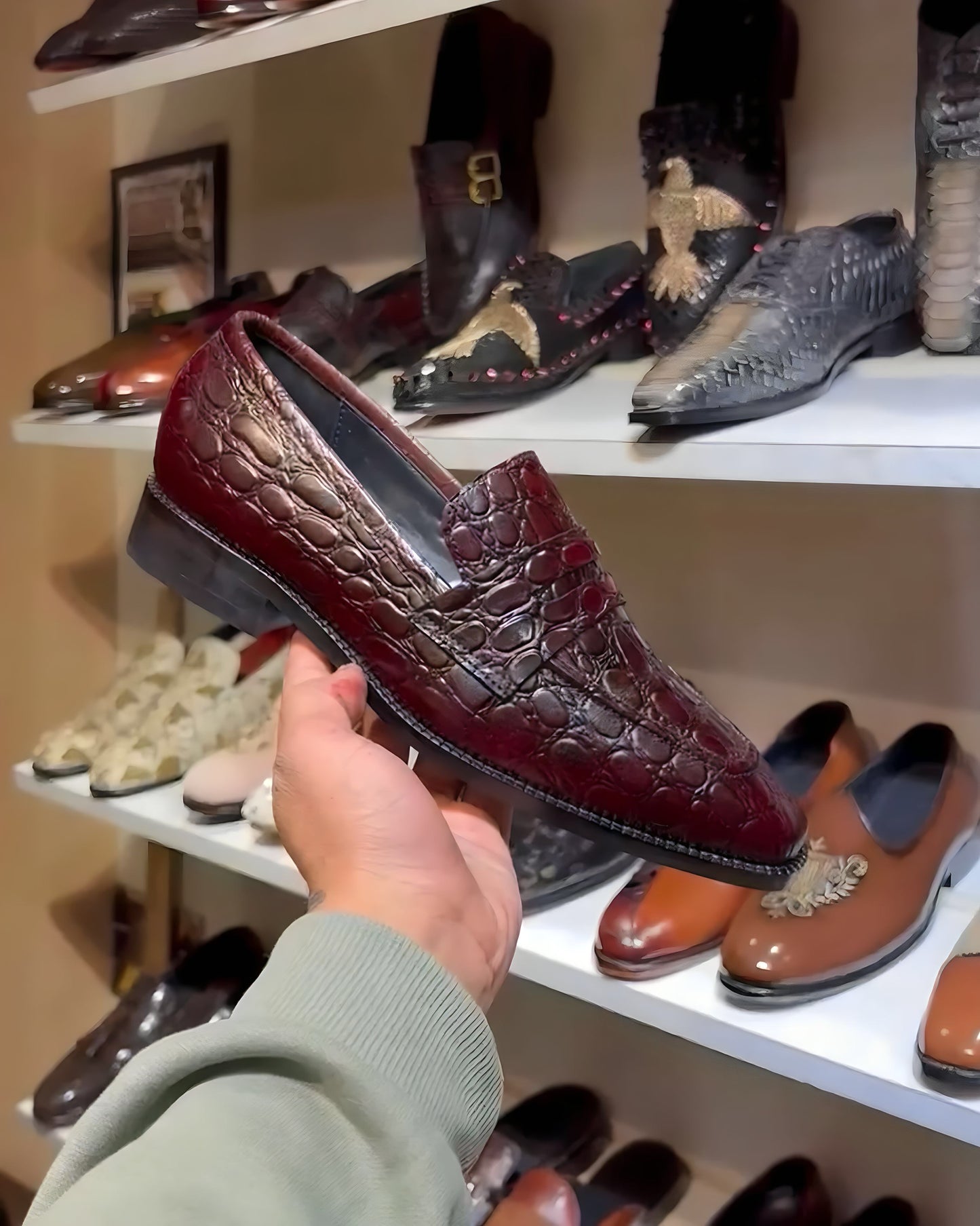 Burgundy Crocodile Scaled Penny Loafers
