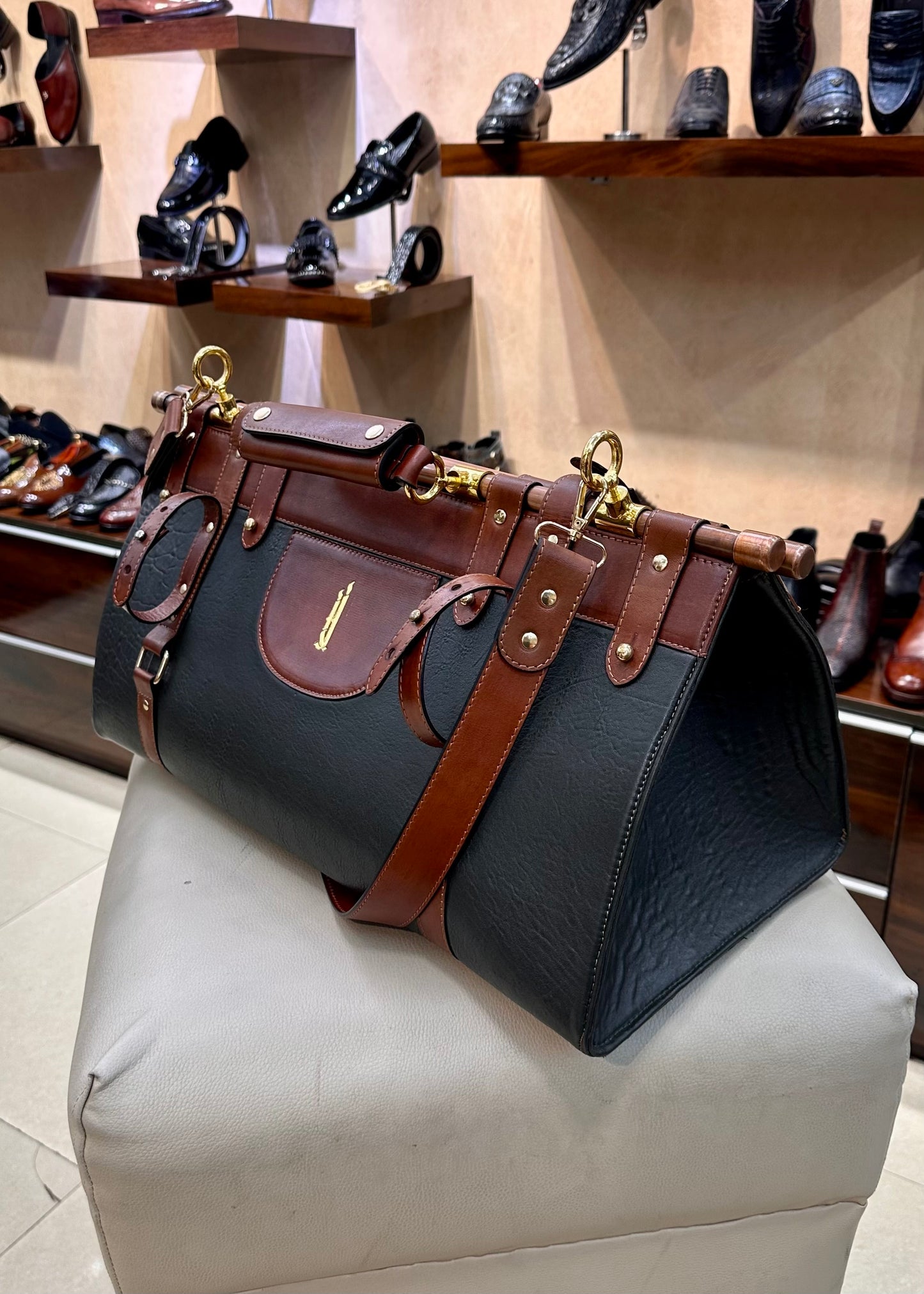 Custom Handmade Two-tone Italian Leather Duffel Bag