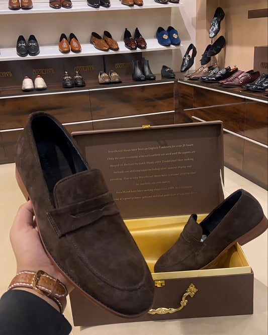 Coffee Brown Suede Penny Loafers