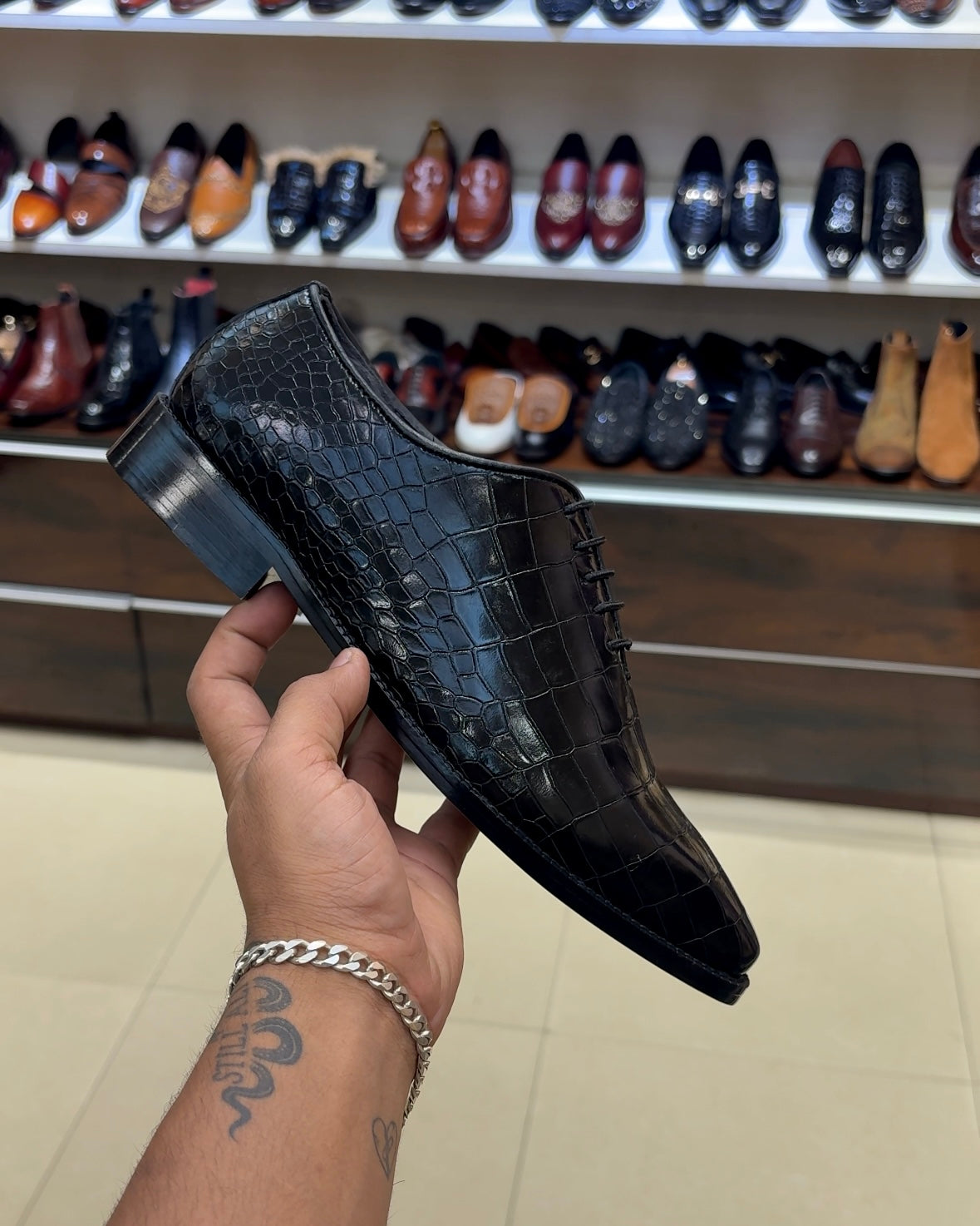 Black Crocodile Scaled Whole-cut Oxfords