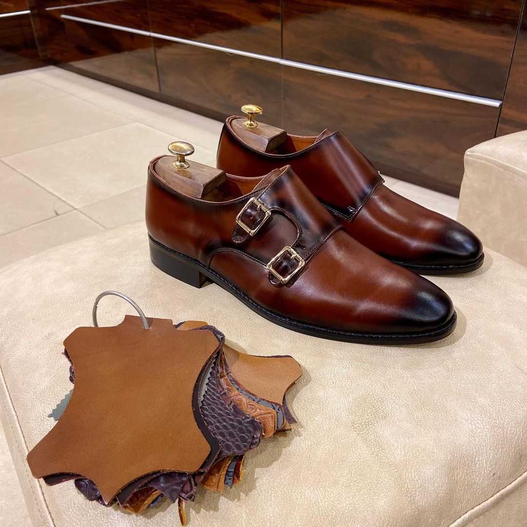 Cognac Patina Double Monks on Pure Italian Crust Leather