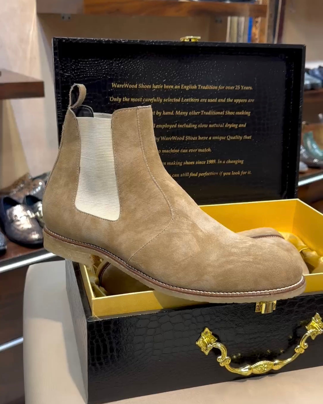 Natural Brushed Beige Suede Chelsea Boots with Wood Sole