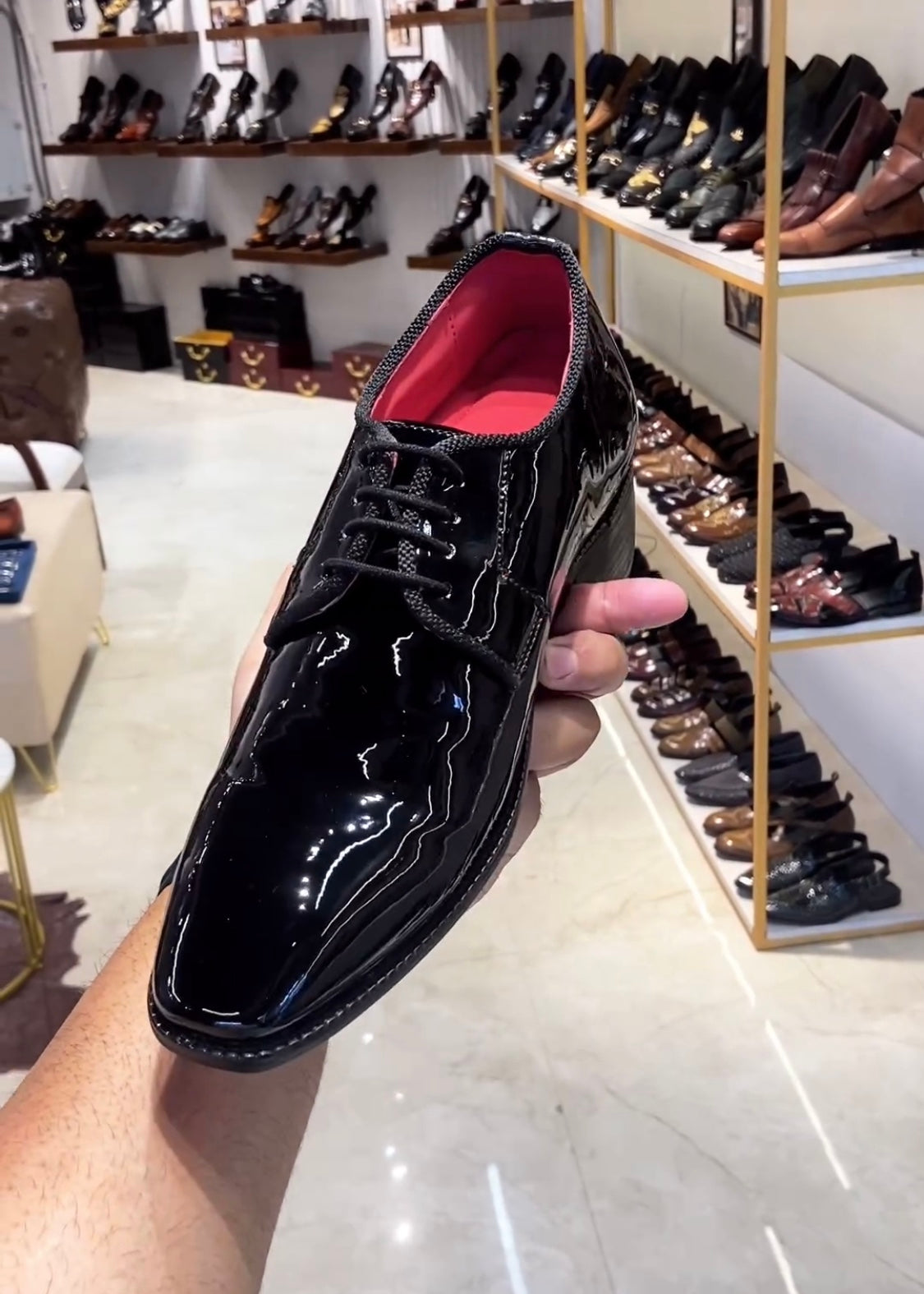 Patent Tuxedo Derbies with Red Interior and Red Bottoms