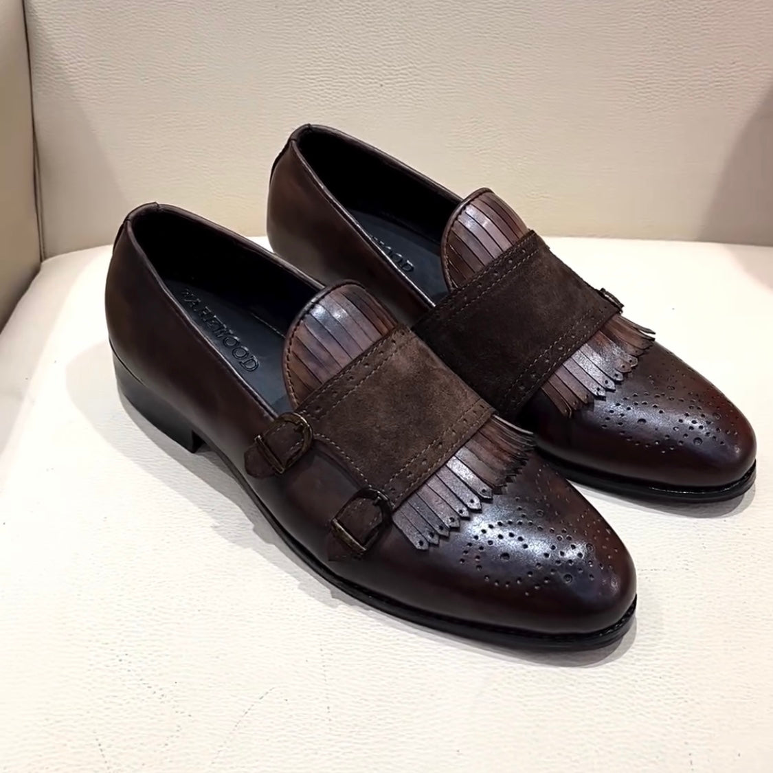 Italian Crust Brown Patina Fringe Moccasins with Suede Monk Strap