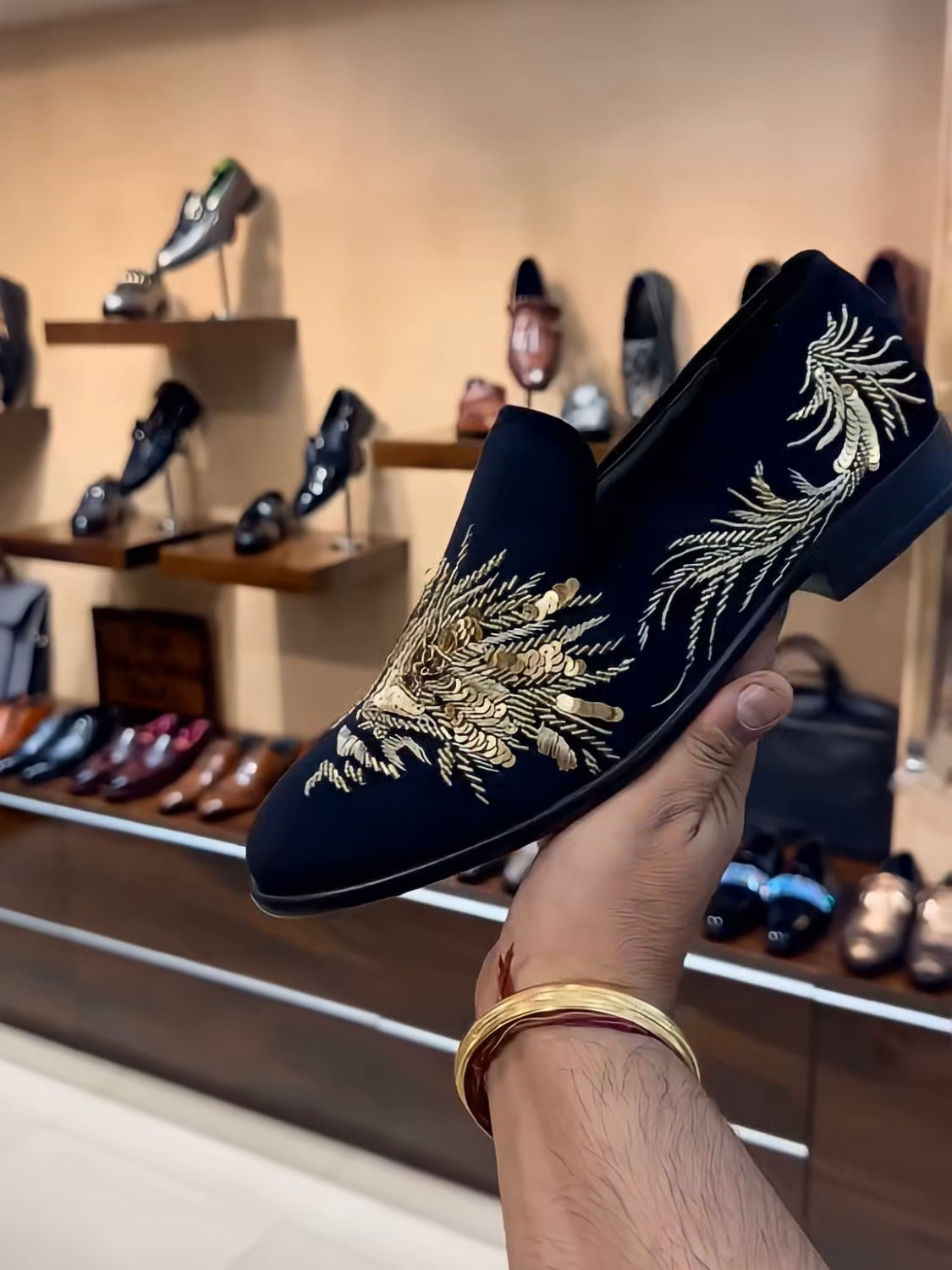 Gold Tiger Embroidery on Navy Suede Moccasins