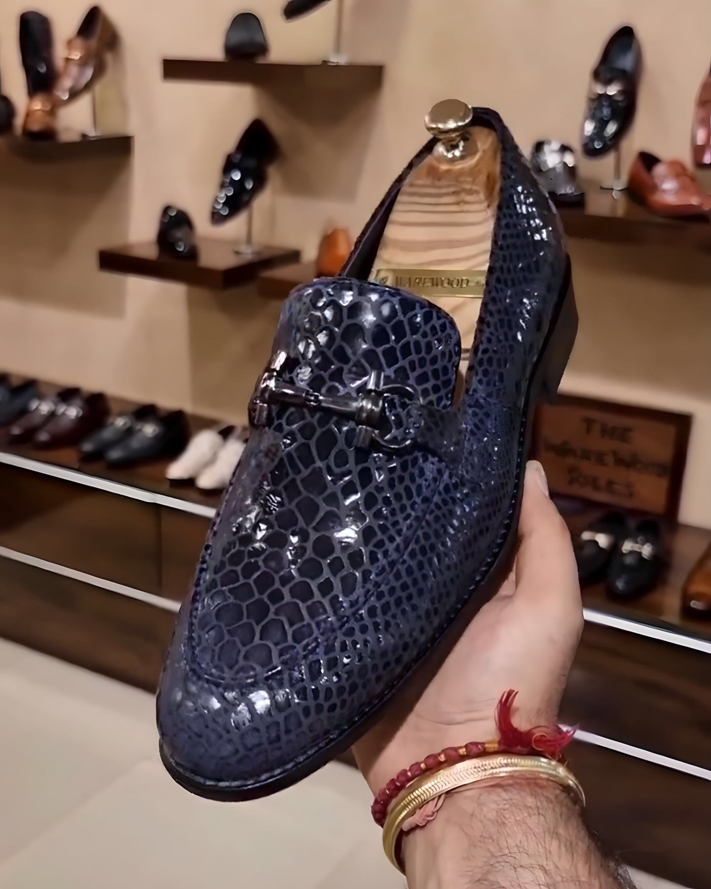 Navy Blue Snake Foil Moccasins